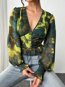 Chiquease Floral Print Lantern Sleeve Ruffle Hem Blouse Peplum Top - Teal Blue - View 5