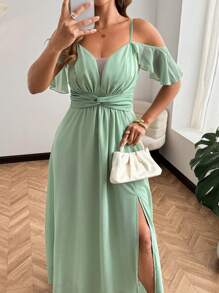 SHEIN Clasi Plus Size Women Long Ruffle Sleeve Split Hem Dress - Green - View 4