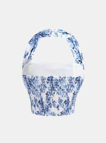 Girlism 少女蓝白编织露背吊带优雅印花上衣长裙两件套，适合春夏季节、节日庆典、度假旅行。