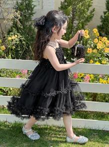 DAZY Girls Black Mesh Slip Dress, Summer - Black - View 6
