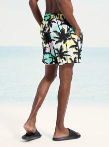 Surfspeed Men's Palm Tree Print Drawstring Waist Beach Shorts - Red - View 2