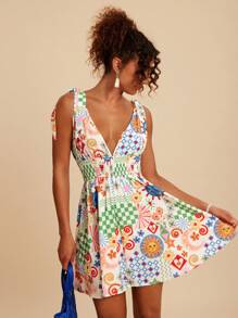 Travachic 女士梭织印花V领无袖迷你连衣裙，梭织图案印花，女士休闲夏季度假装，波西米亚海滩度假装，波西米亚风，乡村音乐会装，节日庆典装，女士海滩装，复古风女士装，夏季太阳裙，女士夏季连衣裙，毕业装，复古风女士装，夏季太阳裙，蝴蝶结肩带 - 彩色 - 查看 6