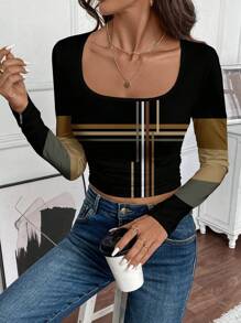 SHEIN LUNE Camiseta de manga larga casual para mujer, adecuada como camiseta interior para otoño/invierno - Multicolor - Ver 1