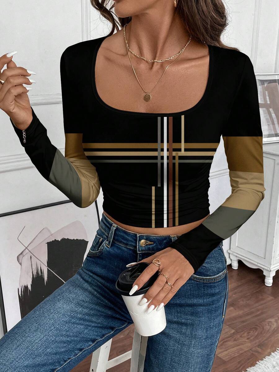 SHEIN LUNE Camiseta de manga larga casual para mujer, adecuada como camiseta interior para otoño/invierno - Multicolor - Ver 1