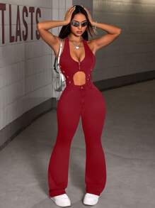 SHEIN ICON Mono para mujer con tirantes finos y ojales laterales, diseño calado - Burdeos - Ver 4