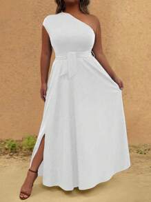 SHEIN Clasi 大码经典高端黑色无袖中长连衣裙，带开衩口袋，系腰荷叶边连衣裙，肩带，修身迷人长款女装 - 白色 - 查看 3