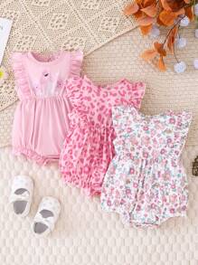 SHEIN 3pcs/Set Baby Girl Cute Floral & Leopard Print Ruffle Hem Casual Outfit - Baby Pink - View 1