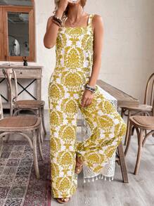 SHEIN LUNE 2 件女士度假套装：短款吊带背心上衣 + 裤子，花卉印花 - 黃色 - 查看 3