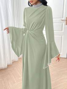 Veilorie Women's Solid Color Long Sleeve Arabic Style Dress, Casual & Fashionable For Daily Wear Long Evening Dresses