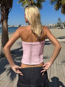SHEIN EZwear Blouse tricotée tube Top sans manches unie pour femme - Rose bonbon - Voir 2