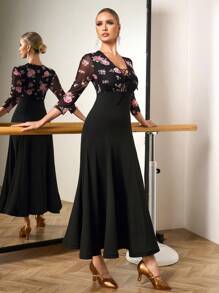 Dansine Women's Sexy Dance Dress With Large Floral Print, Mesh Patchwork And Extra-Wide Skirt
