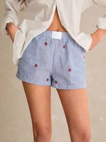 Poéselle 女士夏季休闲条纹草莓刺绣短裤 - 藍色 - 查看 5