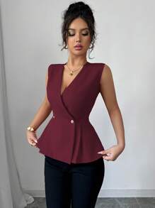 Elenzga 女式休闲 V 领无袖衬衫，带褶边，金属纽扣，优雅度假办公装，春夏