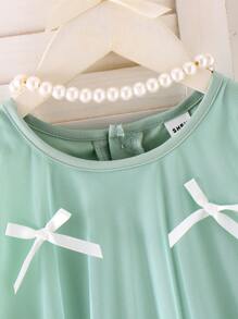 Elladie kids Young Girls Green Cute White Bowknot Inlaid Button Round Neck Layered Mesh Comfortable Elegant Little Princess Dress