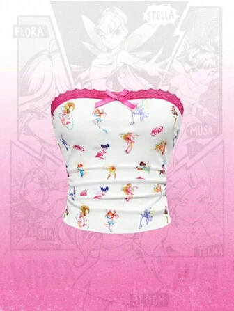 Winx Club X ROMWE Women Contrast Lace Bow Decor Tube Top