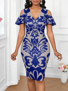 SHEIN Lady Vestido midi de escote pronunciado y mangas de volantes, elegante para primavera y verano - Azul - Ver 3