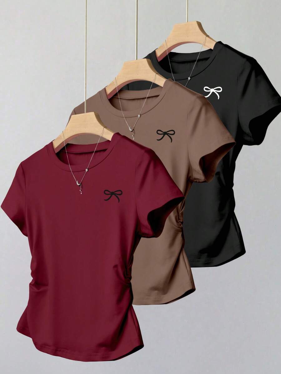 3pcs Teen Girls' Casual Minimalist Black Bow Print Waist Short Sleeve T-Shirt Set - Multicolor - View 1