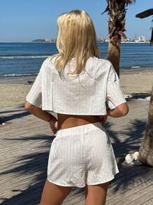 SHEIN EZwear 2 Pieces Apricot Striped Short Sleeve Shirt And Shorts Set, Minimalist Fashion, Suitable For Summer - Khaki - View 2