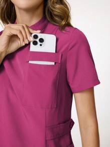 TaskEZ Conjunto de uniforme de scrubs sencillo con cuello alto y cintura ajustada - Rosa Fucsia - Ver 4