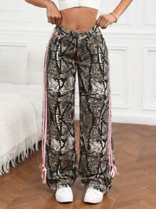 SHEIN Tall 时尚树枝印花撞色条纹系带牛仔裤 - 彩色 - 查看 5