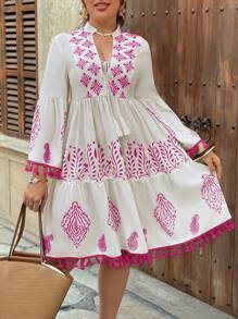 SHEIN Holidaya Plus Size Deep V-Neck Bohemian Style Vacation Halter Tassel Floral Hem Dress, Spring/Summer