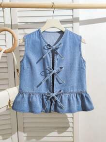 SHEIN Dziewczęcy sweter YK Fashion, swobodny, niebieski, dżinsowy sweter z falbanką na dole i bez rękawów, z kokardą, luźny i wygodny, dżinsowy sweter dla dziewcząt, miękki, codzienny i na każdą porę roku. Ubrania dla dziewcząt w wieku 12 lat - Jasny jeans - Zobacz 1