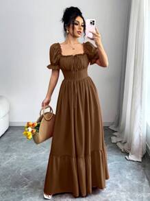 Rafferiza Đầm xòe hở eo cổ vuông tay bồng buộc trước sau cho nữ - Cà phê - Xem 7