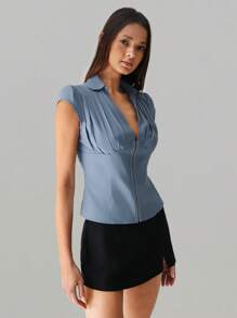 SHEIN Unity 朦胧蓝色收腰褶饰纽扣V领休闲优雅女士盖袖衬衫 - 霧霾藍 - 查看 3