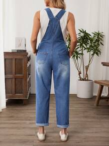 EMERY ROSE Women's Casual Blue Denim Capri Overalls: Sleeveless Strap Neckline With Pockets - Blue - View 3