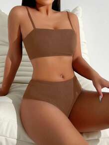 SHEIN Swim 女款純色細肩帶比基尼泳衣套裝，適合夏季海灘度假 - 棕色 - 查看 1