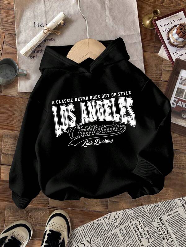 SHEIN Los Angeles, California, Young Boys Casual Everyday Comfortable Thick Knit Long Sleeve Sweatshirt, Suitable For Autumn/Winter