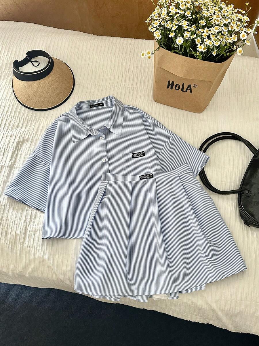 Comfortcana 2pcs Blue & White Striped Crop Top And Skirt Set, Plus Size - Blue - View 1