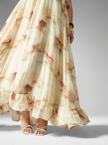 MISSGUIDED PLUS 水彩碎花Georgette Maxi连衣裙荷叶边领口无袖夏季婚礼宾客海滩度假优雅加大码雪纺礼服 - 彩色 - 查看 5