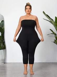 SHEIN CURVE+ Plus Size High Stretch Tight-Fitting Jumpsuit, Minimalist & Fashionable, Suitable For Summer - Black - View 8