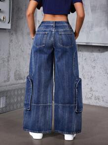 SHEIN ICON 女式宽松阔腿休闲百搭牛仔裤，带口袋 - 藍色 - 查看 2