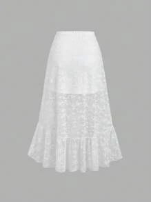 Sweetra Women's Elegant White Flower Lace High Low Hem Skirt,Retro Palace Style Drawstring Layered Ruffle Half Slip,Summer Tea Party Vacation Holiday Skirt - White - View 2