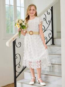 Sukienka z tiulu z siateczki w kolorze białym i kwiatowym haftem dla dziewcząt w stylu wakacyjnym - Biały - Zobacz 1