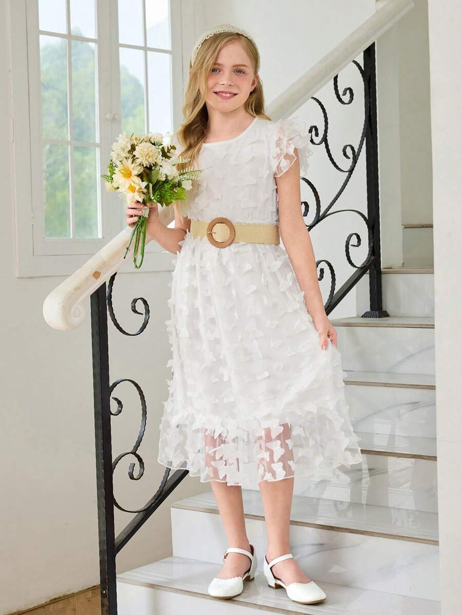 Sukienka z tiulu z siateczki w kolorze białym i kwiatowym haftem dla dziewcząt w stylu wakacyjnym - Biały - Zobacz 1