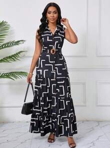 Lyxana Vestido cruzado con volantes escalonados y estampado geométrico sin mangas, elegante para damas