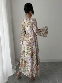 Al Najma Đầm dài tay chuông cổ chữ V in hoa phong cách Ả Rập cho nữ - Nhiều màu - Xem 2