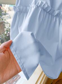 Blossori 年轻女孩法式优雅浅黄色编织领连衣裙，春夏 - 淺藍色 - 查看 4