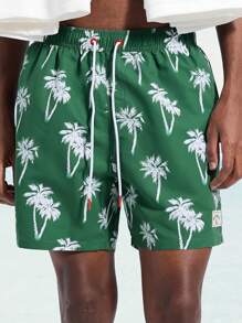 Surfspeed Pantalones cortos casuales de playa para hombres con estampado todo sobre y cordones - Verde - Ver 7