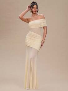 SHEIN BAE Vestito lungo con spalle scoperte, plissettato, in organza color albicocca, sexy e trasparente per donne, adatto per party, cerimonie, vacanze