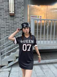 SHEIN Tween 女童春夏时尚女王印花短袖连衣裙 - 黑色 - 查看 4