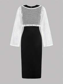 SHEIN ChillGRL 2 件套少女休闲优雅黑白针织中长连衣裙 + 宽松网眼罩衫套装，通勤和校园时尚，甜美朋克女孩街头风格 - 黑與白 - 查看 4