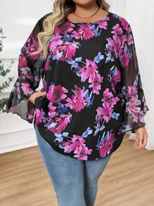 SHEIN CURVE+ 大码女式花卉印花喇叭袖雪纺上衣，优雅宽松，夏季，曲线加大码，波西米亚风度假海滩装，女士/海滩/海滩度假装/海滩必备品/毕业典礼/茶会