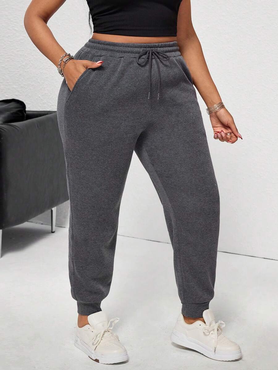 INAWLY Plus Size Women's Elastic Waist Drawstring Cuffed Jogger Pants Graduation,Back To School Outfits,Graduation,Teacher Outfits For Women,Back To School Fall Cloth For Women - Dark Grey - View 1