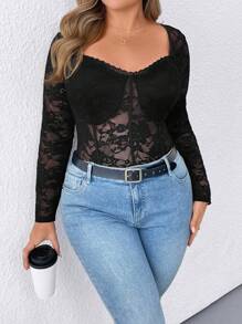 SHEIN Clasi 女式大码优雅蕾丝紧身衣 - 黑色 - 查看 3