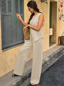 Breezaya Women's Vacation Style Single Breasted Shirt And Pants Casual 2 Pieces Set