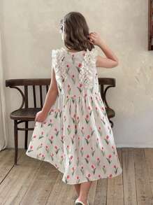 SHEIN LMoss Kids Tween Girl 碎花圆领荷叶边下摆修身休闲连衣裙 - 彩色 - 查看 2